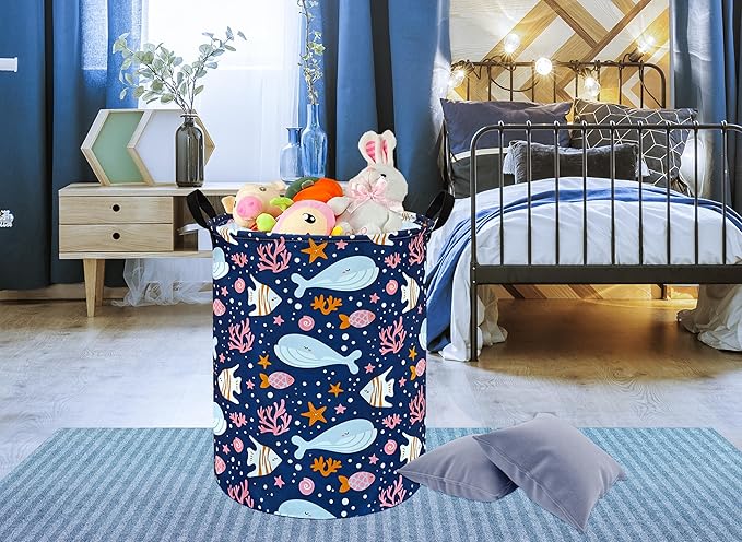 Kids Laundry Hamper Storage Basket Laundry Organizer Hamper Storage Bins Clothes Box Nursery Hamper Gift Basket with Handles (Whale)