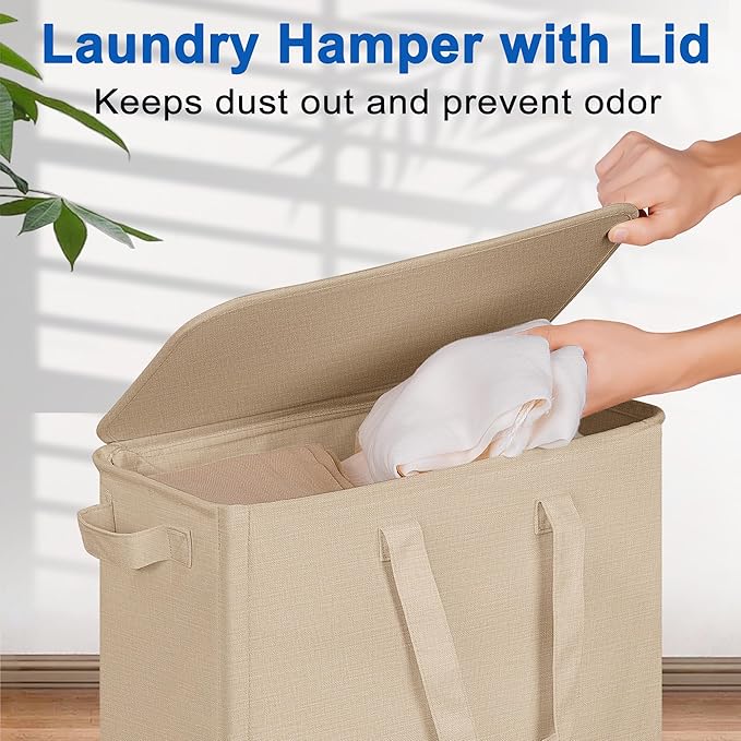Vincona Slim Laundry Hamper with Lid and Wheels, Small Rolling Laundry Basket with Handle for Small Spaces, Tall Dirty Clothes Hampers for Dorm, Bathroom and Bedroom, 75L, Oatmeal