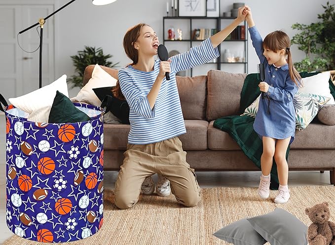 Kids Laundry Hamper Storage Basket Laundry Organizer Hamper Storage Bins Clothes Box Nursery Hamper Gift Basket with Handles (Star basketball)