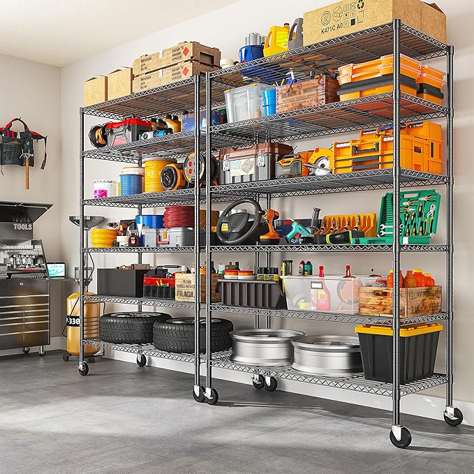 Romorgniz 82" H X45 W X18 D Storage Shelves with Wheels, 6 Tier Wire Shelving Adjustable Metal Shelving Pantry Shelves Capacity 1200LBS for Garage, Pantry, Kitchen, Closet,Black,3P