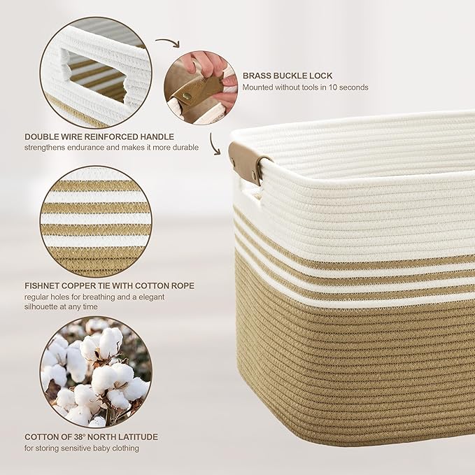 86L Extra Large Laundry Basket with Leather Handles for Living Room Storage, Woven Rope Baskets for Blanket, Kids Toy, Gifts, Wicker Hamper for Bedroom Dirty Clothes, 24"x16"x14" Khaki