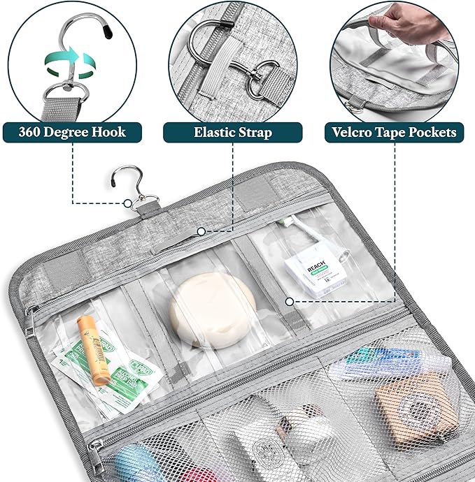 PAVILIA Hanging Toiletry Bag for Women Men, Large Foldable Toiletries Organizer with Hook, Water-Resistant Makeup Cosmetic Rollup Case, Clear Pockets for Bathroom, Gym, Cruise (Heather Grey)