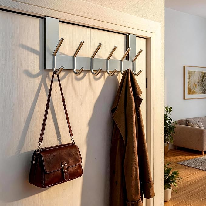 WEBI Over The Door Hook Door Hanger:Over The Door Towel Rack with 6 Coat Hooks for Hanging,Towel Hanger Door Coat Hanger Over Door Coat Rack for Towels,Clothes,Back of Bathroom,Silver,2 Packs