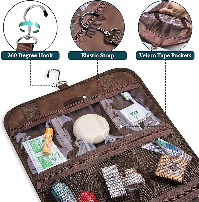 PAVILIA Hanging Toiletry Bag for Women Men, Large Foldable Toiletries Organizer with Hook, Water-Resistant Makeup Cosmetic Rollup Case, Clear Pockets for Bathroom, Gym, Cruise (Brown)