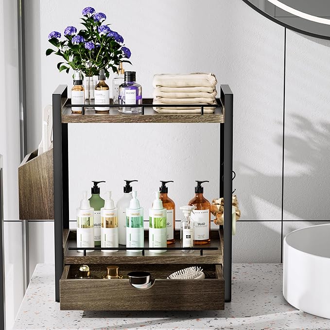 2-Tier Wood Bathroom Counter Organizer, Countertop Organizer with Drawer and Storage Basket, Bathroom Sink Organizer for Vanity, Skincare, Makeup, and Daily Essentials (Dark Brown)