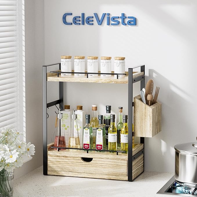 2-Tier Wood Bathroom Counter Organizer, Countertop Organizer with Drawer and Storage Basket, Bathroom Sink Organizer for Vanity, Skincare, Makeup, and Daily Essentials (Light Brown)