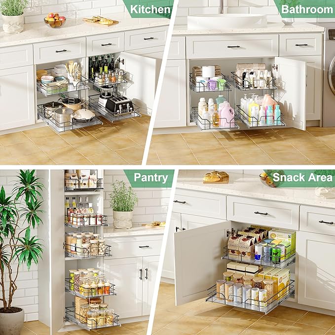 2-Tier Pull Out Cabinet Organizer (20" W x 22" D), Soft Close Cabinet Slide Out Shelves, Heavy Duty Slide Out Drawers with Shelf Liner for Kitchen Cabinets, Pantry Storage, Bathroom