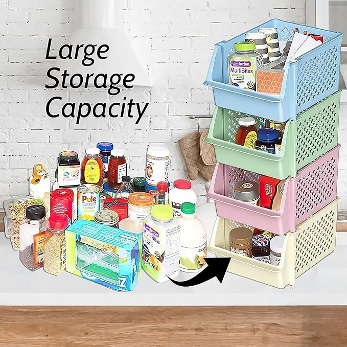 TidyFriend Stackable Storage Bins for Pantry, 4 Pack Stackable Bins For Organizing Food, Kitchen, and Bathroom Essentials (Multi)