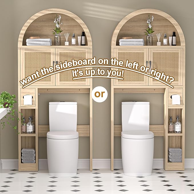 AHB Over The Toilet Storage Cabinet, Freestanding Bathroom Organizer with Adjustable Shelf and Anti-Tip Device, Arched Cabinet with Doors, Space-Saving Toilet Storage for Bathroom, Laundry, Mini Bar
