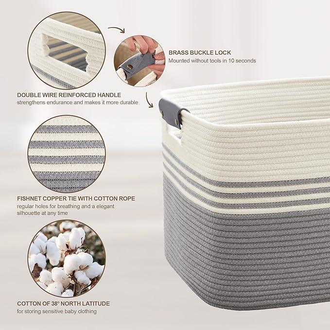 72L Large Laundry Basket with Leather Handles for Living Room Storage, Woven Rope Baskets Bin for Blanket, Kids Toy, Gifts, Wicker Hamper for Bedroom Dirty Clothes, 22"x17"x12" White Grey