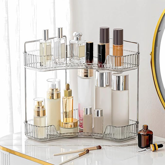 2 Tier Corner Bathroom Counter Organizer Bathroom Countertop Shelf Makeup Organizer for Vanity Perfume Tray for Corner Storage (Grey)