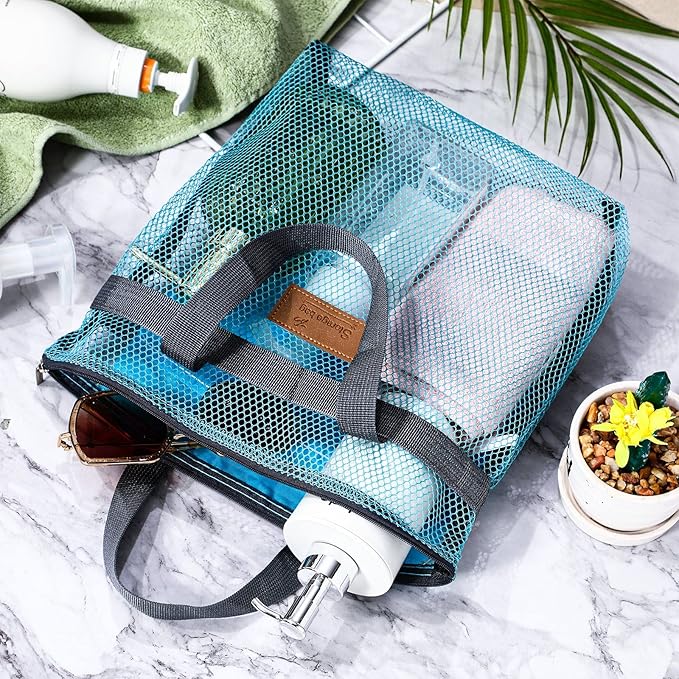 Tudomro 5 Pcs Mesh Shower Bag Caddy Tote Portable Quick Dry Tote Bag Lightweight Hanging Toiletry Bath Organizer for College Dorms Gym Swimming Beach Travel Games Sports (Gray Handle)