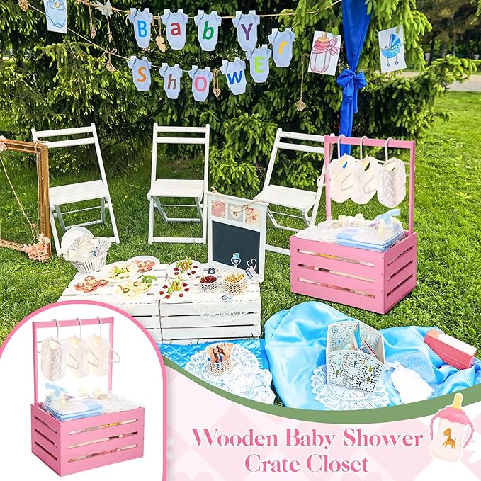 Suzile Wooden Baby Shower Crate Closet Wood Basket for Gifts with Handle Boy Girl Clothes Gender Reveal Storage Box for Newborn New Parent(Pink)