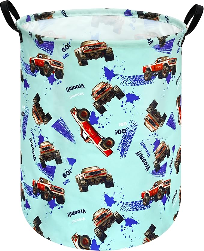 Round Car Truck Laundry Hamper Storage Basket Fabric Material Storage Hamper Organization Basket, Storage Bin, Gift Box with Handles for Room