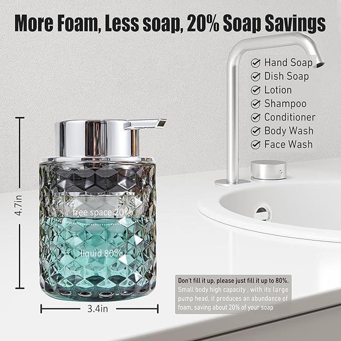 Malachi Foaming Hand Soap Dispenser, Refillable Clear Glass Foam Pump Bottle for Hand Soap, Dish Soap, Body Wash, Shampoo, Facial Cleanser & Baby Wash, Multi‑use for Bathroom, Kitchen & Commercial Use