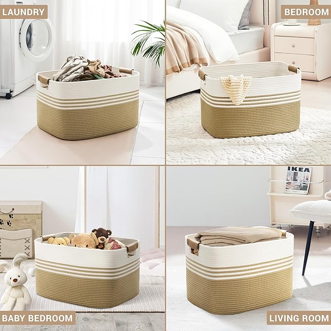 86L Extra Large Laundry Basket with Leather Handles for Living Room Storage, Woven Rope Baskets for Blanket, Kids Toy, Gifts, Wicker Hamper for Bedroom Dirty Clothes, 24"x16"x14" Khaki