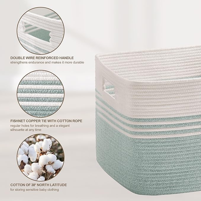 86L Large Laundry Basket for Living Room Storage,Woven Rope Baskets for Blanket,Kids Toy,Gifts,Wicker Hamper for Bedroom Dirty Clothes,24"x16"x14" White Green