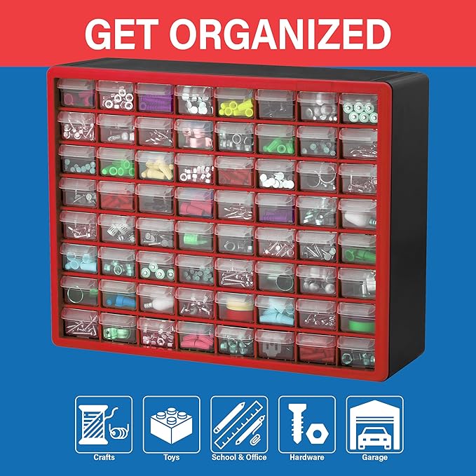 Akro-Mils 64-Drawer Plastic Drawer Storage Cabinet for Garage Organization, Bead Organizer, Building Bricks Storage, Teacher Toolbox, Makeup Organizer, 20" W x 6" D x 16" H, 10164 Red