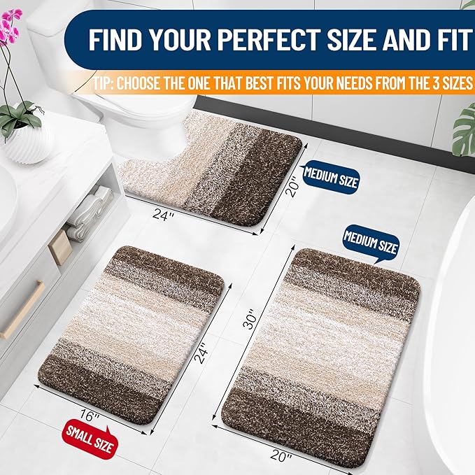 OLANLY Bathroom Rug Set 2 Piece, Soft Absorbent Microfiber Bath Mats and U-Shaped Contour Toilet Rug, Non-Slip, Machine Wash Dry, Plush Shaggy Bath Mats for Bathroom (24"x16"+24"x20", Light Brown)