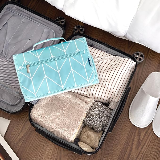 PAVILIA Hanging Toiletry Bag for Women Men, Large Foldable Toiletries Organizer with Hook, Water-Resistant Makeup Cosmetic Rollup Case, Clear Pockets for Bathroom, Gym, Cruise (Teal Chevron)