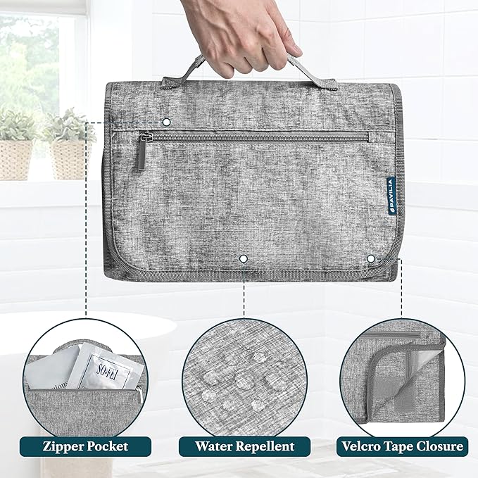 PAVILIA Hanging Toiletry Bag for Women Men, Large Foldable Toiletries Organizer with Hook, Water-Resistant Makeup Cosmetic Rollup Case, Clear Pockets for Bathroom, Gym, Cruise (Heather Grey)