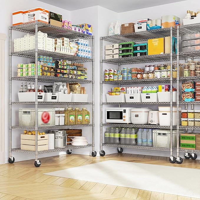 Romorgniz 82" H X45 W X18 D Storage Shelves with Wheels, 6 Tier Wire Shelving Adjustable Metal Shelving Pantry Shelves Capacity 1200LBS for Garage Shelving, Pantry, Kitchen, Commercial, Chrome，2P