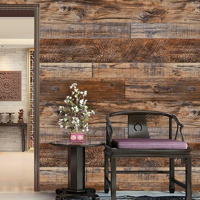 WENMER 23.6" x 78.7" Brown Wood Peel and Stick Wallpaper Shiplap Self Adhesive Wall Paper Wood Plank Wallpaper for Cabinet Countertop Shelf Drawer Wall Door