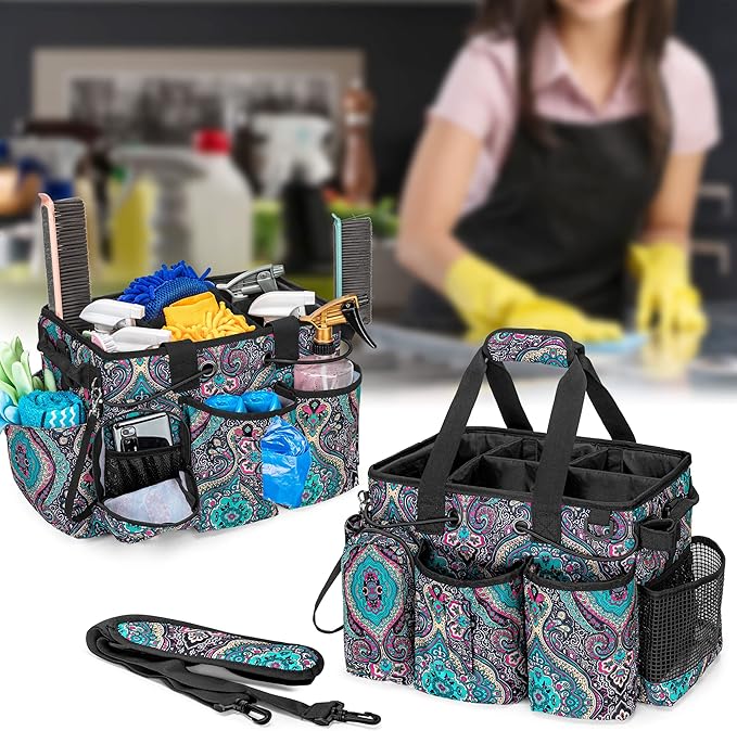 LoDrid Large Professional Cleaning Caddy with Detachable Divider, Supply Organizer with Handle and Shoulder Strap, Cleaning Bags for Housekeepers & Cleaners, Totem