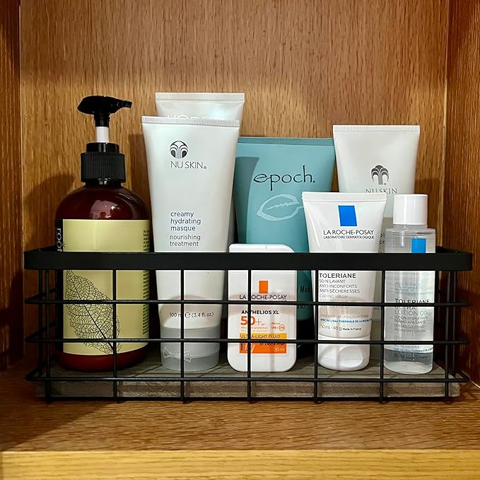 Small Bathroom Organizer Tray with wooden base, Home Decor Basket, Metal Wire Storage Basket, Organizer for Skincare, Japanese farmhouse basket, Black (1)