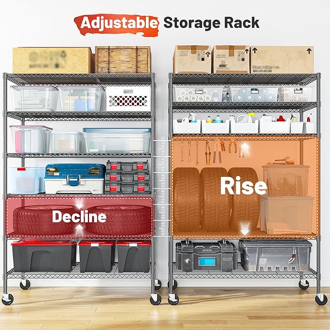 Romorgniz 82" H X45 W X18 D Storage Shelves with Wheels, 6 Tier Wire Shelving Adjustable Metal Shelving Pantry Shelves Capacity 1200LBS for Garage, Pantry, Kitchen, Closet, Black,2P