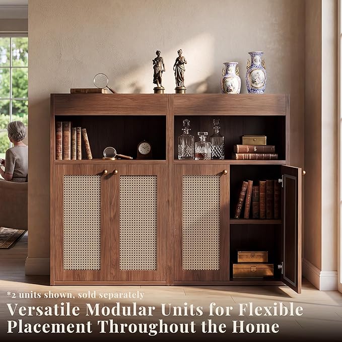 Bathroom Storage Cabinet, Rattan Freestanding Floor Organizer with Anti-Tip Devices and Adjustable Shelf, Small Cabinet for Bathroom, Kitchen, Living Room, Walnut