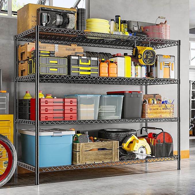 REIBII 55.5" W Storage Shelves 2560LBS Metal Shelving 4 Tier Wire Shelving Unit Garage Shelving Heavy Duty Metal Shelves for Storage Rack Commercial Adjustable Pantry Shelf, 55.5" W X 18''D X 71" H