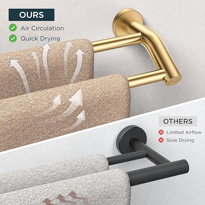 FORIOUS Double Towel Bar 24 Inch, Heavy Duty SUS304 Stainless Steel Dual Towel Racks for Bathroom Wall Mount, Space Saving Towel Rod Towel Holder Rail，Brushed Gold