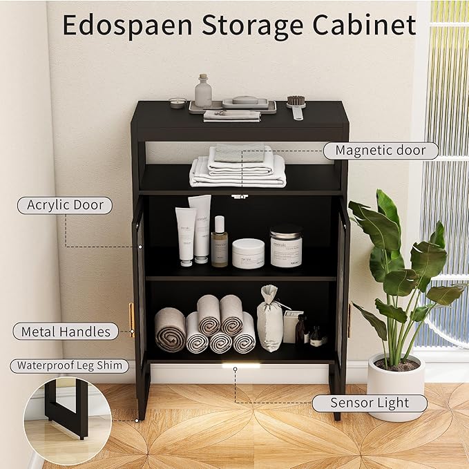 Bathroom Floor Storage Cabinet Freestanding Organizer with Sensor Light & Acrylic Doors for Bathroom, Home Office, Bedside, Sofa Side Table