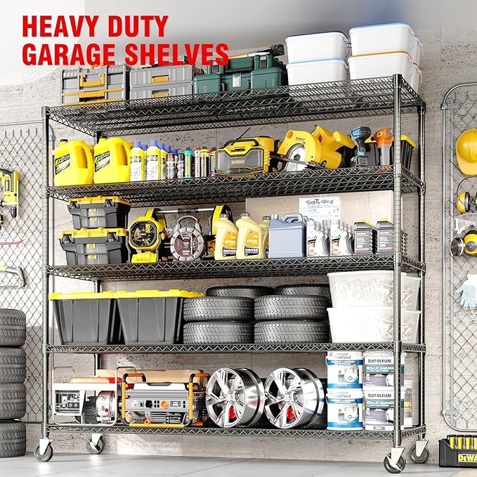 5-Tier Tall Steel Garage Shelving with Wheels, Heavy Duty Storage Rack, 3300 Lbs Capacity, Adjustable Industrial Shelves for Garage, Workshop, or Warehouse, 23.6" D x 59" W x 82.6" H