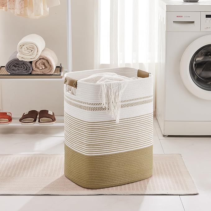 85L Tall Laundry Hamper with Handles for Living Room Storage, Extra Large Woven Rope Baskets Bin for Blanket, Kids Toy, Gifts, Wicker Hamper for Bedroom Dirty Clothes, 17"x14"x22" Khaki