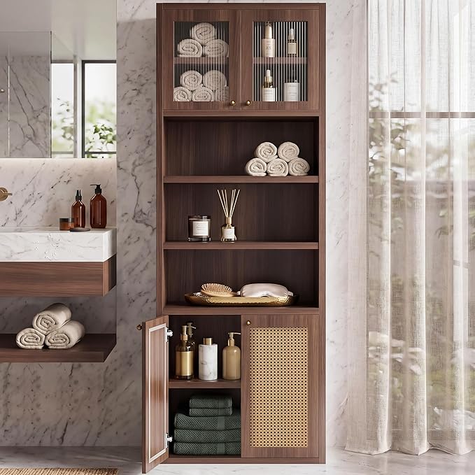 71.7" Tall Bathroom Storage Cabinet, Rattan Tall Freestanding Storage Cabinet with Doors, Adjustable Shelves and Anti-Tip Devices for Bathroom, Kitchen, Laundry Room, Walnut