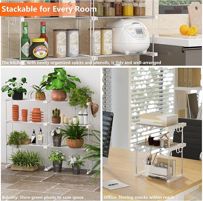 BLULEE Dual-Adjustable Cabinet Organizer Shelf,Expandable Width & Height Stackable Spice Rack with Snap-Lock,2-Tier Kitchen Organization and Storage for Under Sink,Countertop,Pantry,White,1Pack