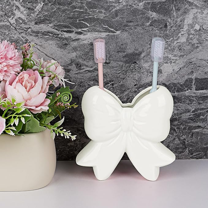 Cute Toothbrush Holder, Ceramic Bow Toothbrush Holder, with Drain Hole Bathroom Countertop Accessories, for Bathroom Canister Storage Organization, Vanity Makeup Organizer (White)