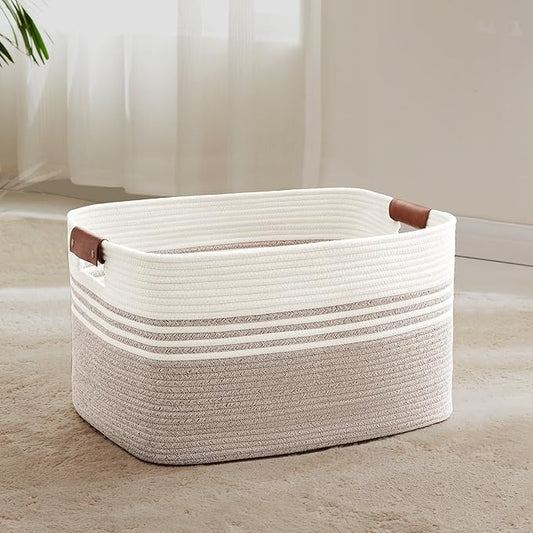60L Large Laundry Basket with Leather Handles for Living Room Storage, Woven Rope Baskets Bin for Blanket, Kids Toy, Gifts, Wicker Hamper for Bedroom Dirty Clothes, White Brown