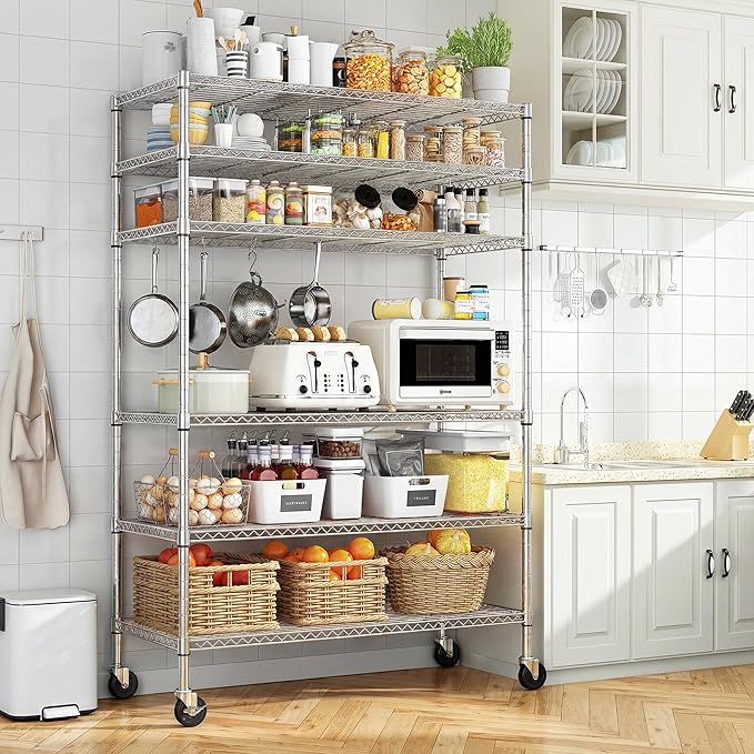 Romorgniz 82" H X45 W X18 D Storage Shelves with Wheels, 6 Tier Wire Shelving Adjustable Metal Shelving Pantry Shelves Capacity 1200LBS for Garage Shelving, Pantry, Kitchen, Commercial, Chrome，2P