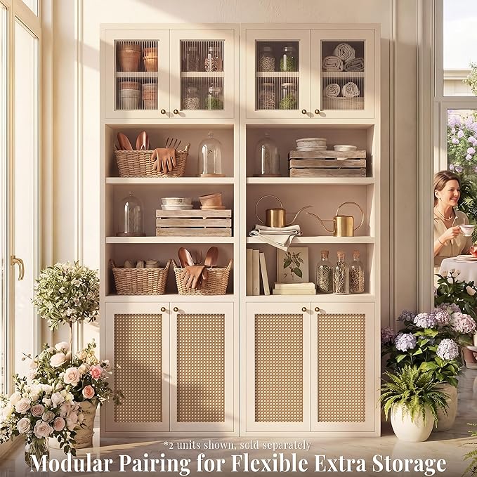 71.7" Tall Bathroom Storage Cabinet, Rattan Tall Freestanding Storage Cabinet with Doors, Adjustable Shelves and Anti-Tip Devices for Bathroom, Kitchen, Laundry Room, White