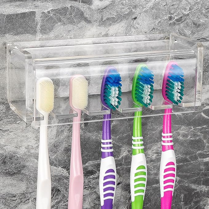 5 Slots Wall Mount Toothbrush Holder with Cover, Self Adhesive Toothbrush Storage Organizer for Shower, Toothbrush Hanger for Bathroom, Medicine Cabinet, Dorm (Clear)