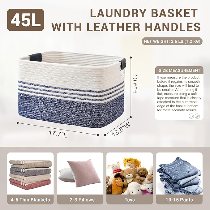 45L Small Laundry Basket with Leather Handles for Living Room Storage, Woven Rope Baskets Bin for Blanket, Kids Toy, Gifts, Wicker Hamper for Bedroom Dirty Clothes, 18"x14"x11" Denim Blue