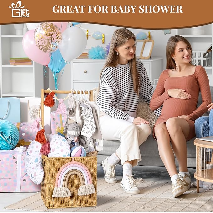 GiftAmaz Baby Shower Crate Closet, Large Hand-Woven Rattan Storage Crates with Handle, Baby Shower Gifts, Baby Welcome Box Nursery Basket for Newborn Boys Girls, Pregnancy Gifts for New Parents