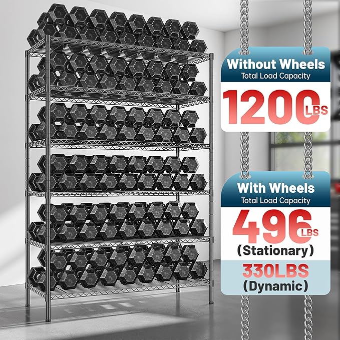 Romorgniz Storage Shelves with Wheels, 6 Tier Wire Shelving Adjustable Metal Shelving Pantry Shelves Capacity 1200LBS for Garage, Pantry, Kitchen, Office,82" H X45 W X18 D,Black,4P