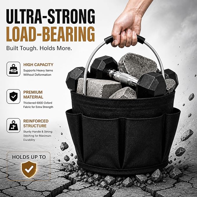 Cleaning Caddy Organizer with Handle, 17L Large Capacity Foldable Storage Bucket, Heavy-Duty 600D Oxford Fabric with 6 Pockets for Car Cleaning, Gardening Tools, Camping (Black)