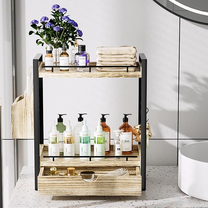 2-Tier Wood Bathroom Counter Organizer, Countertop Organizer with Drawer and Storage Basket, Bathroom Sink Organizer for Vanity, Skincare, Makeup, and Daily Essentials (Light Brown)