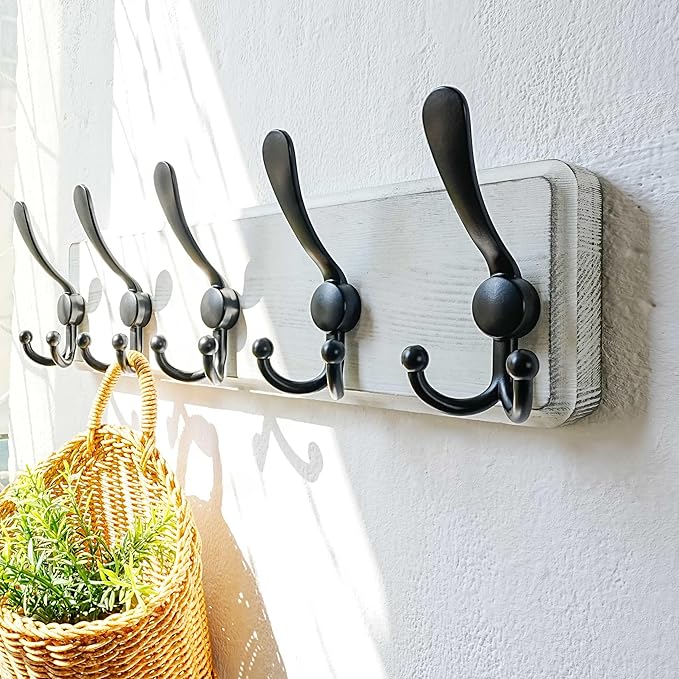 Dseap Coat Rack Wall Mounted - 5 Tri Hooks, Heavy Duty, Wooden Wall Coat Hanger Coat Hook for Clothes Hat Jacket Clothing, White & Black, Pack of 2