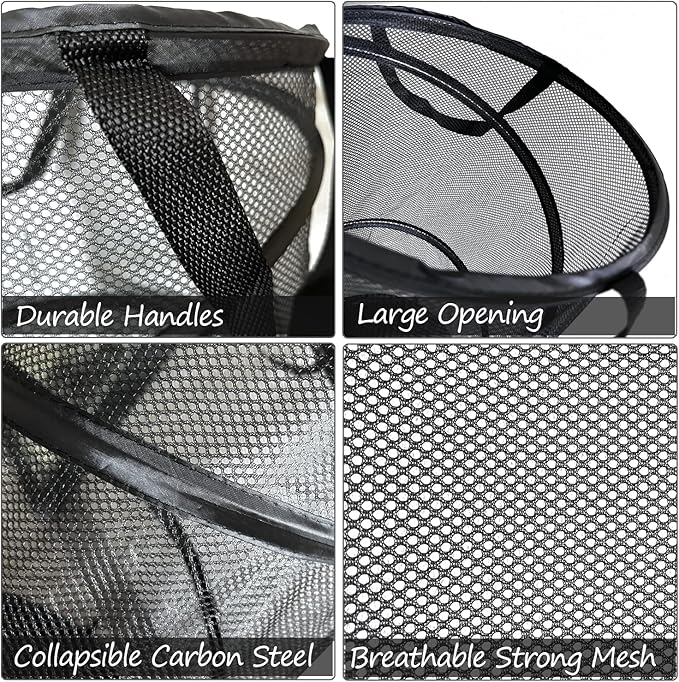 BATTOO 2 Pack Large Collapsible Laundry Basket Foldable Mesh Pop Up Hamper with Handles for Laundry Room, Bathroom, Kids Room, College Dorm, Travel, Storage Organizer Black+White